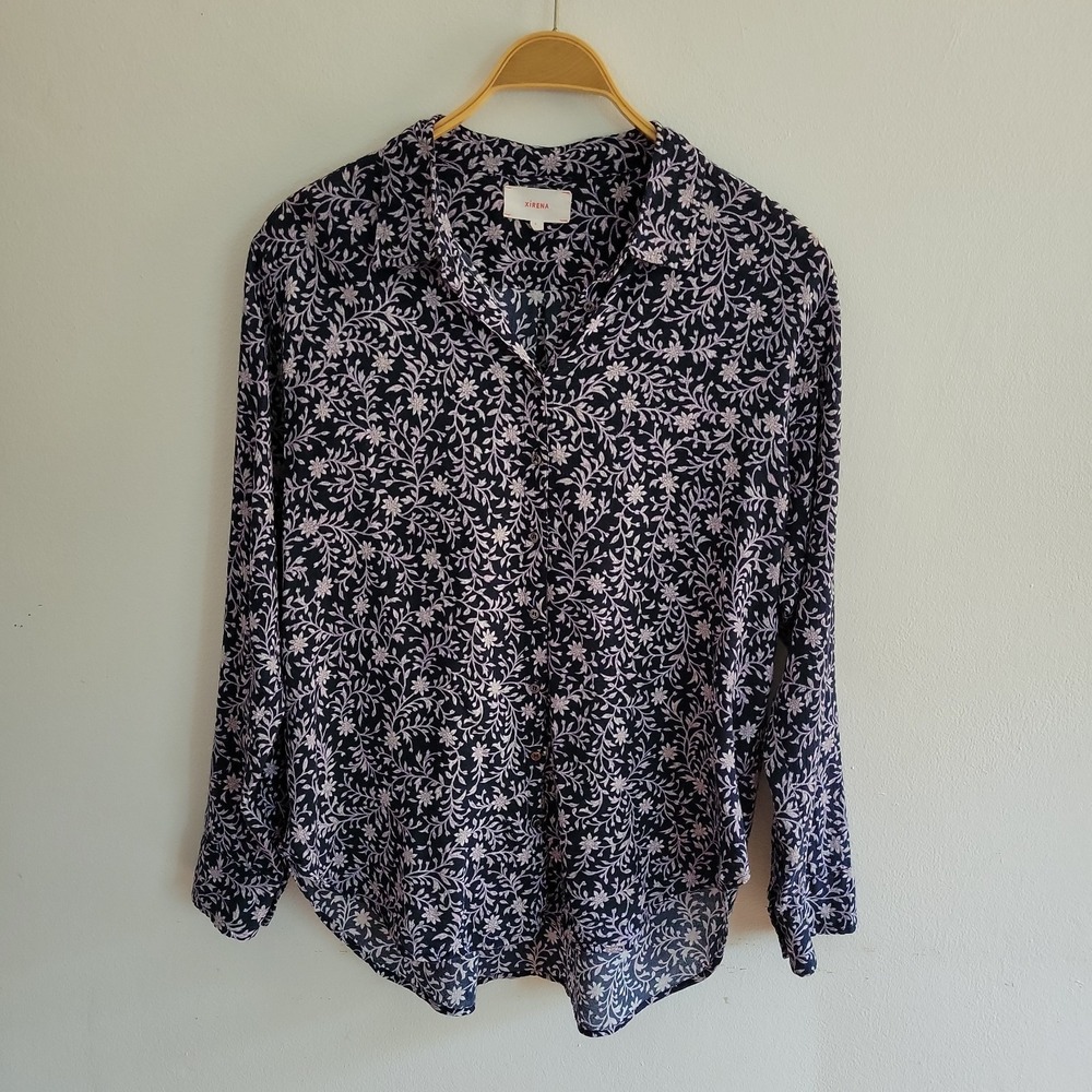 Xirena Beau Button Up Shirt Large Gauze Botanical Print Cottagecore Romantic